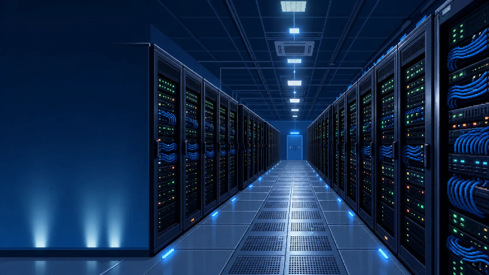 Ilustrasi retro ruang data center dengan deretan rak server WarnaHost