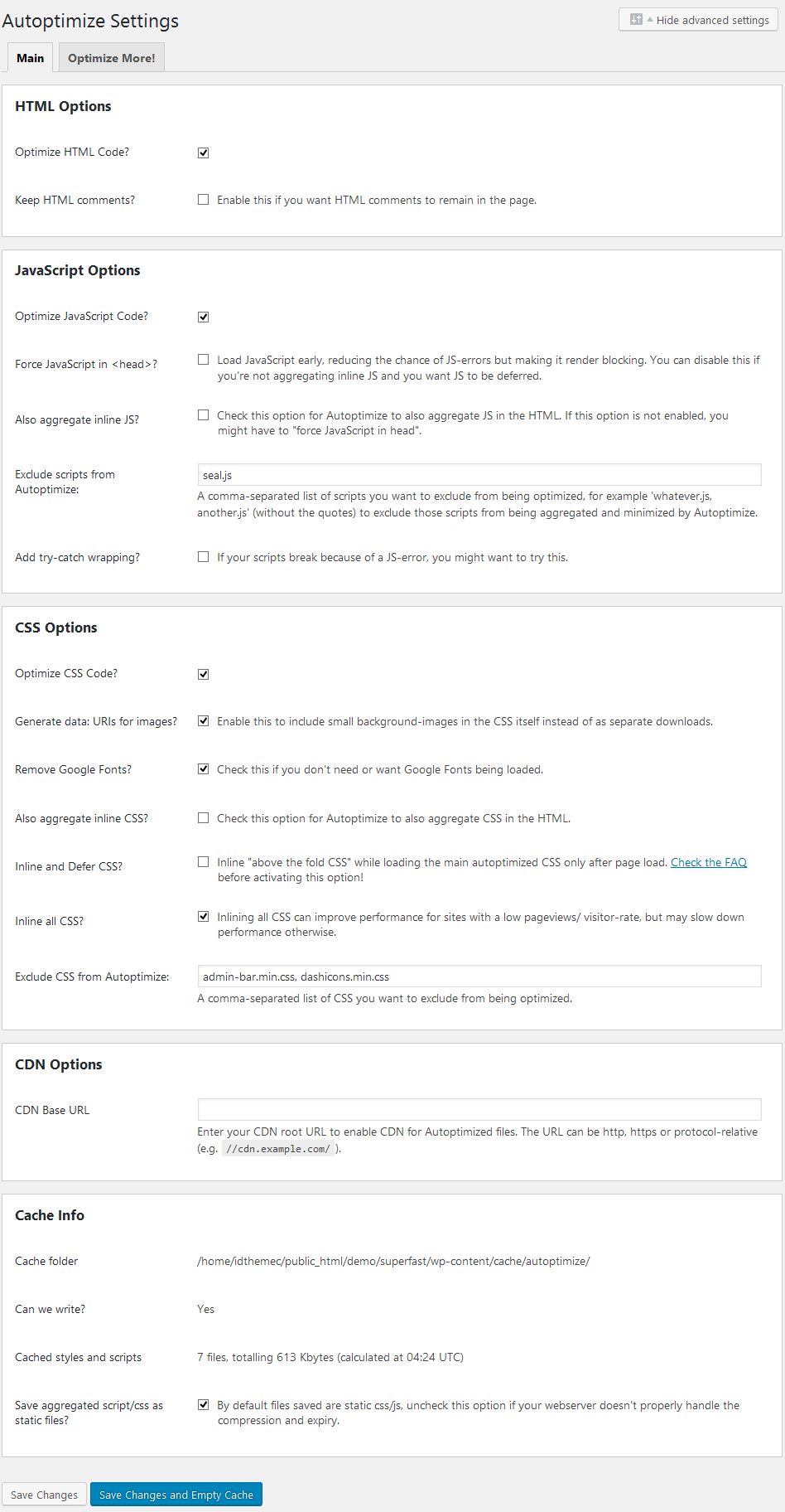 superfast autoptimize settings